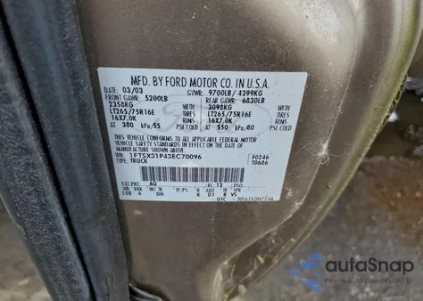 2003 Ford F350 Srw Super Duty z USA, uszkodzony, nr VIN 1FTSX31P43EC70096